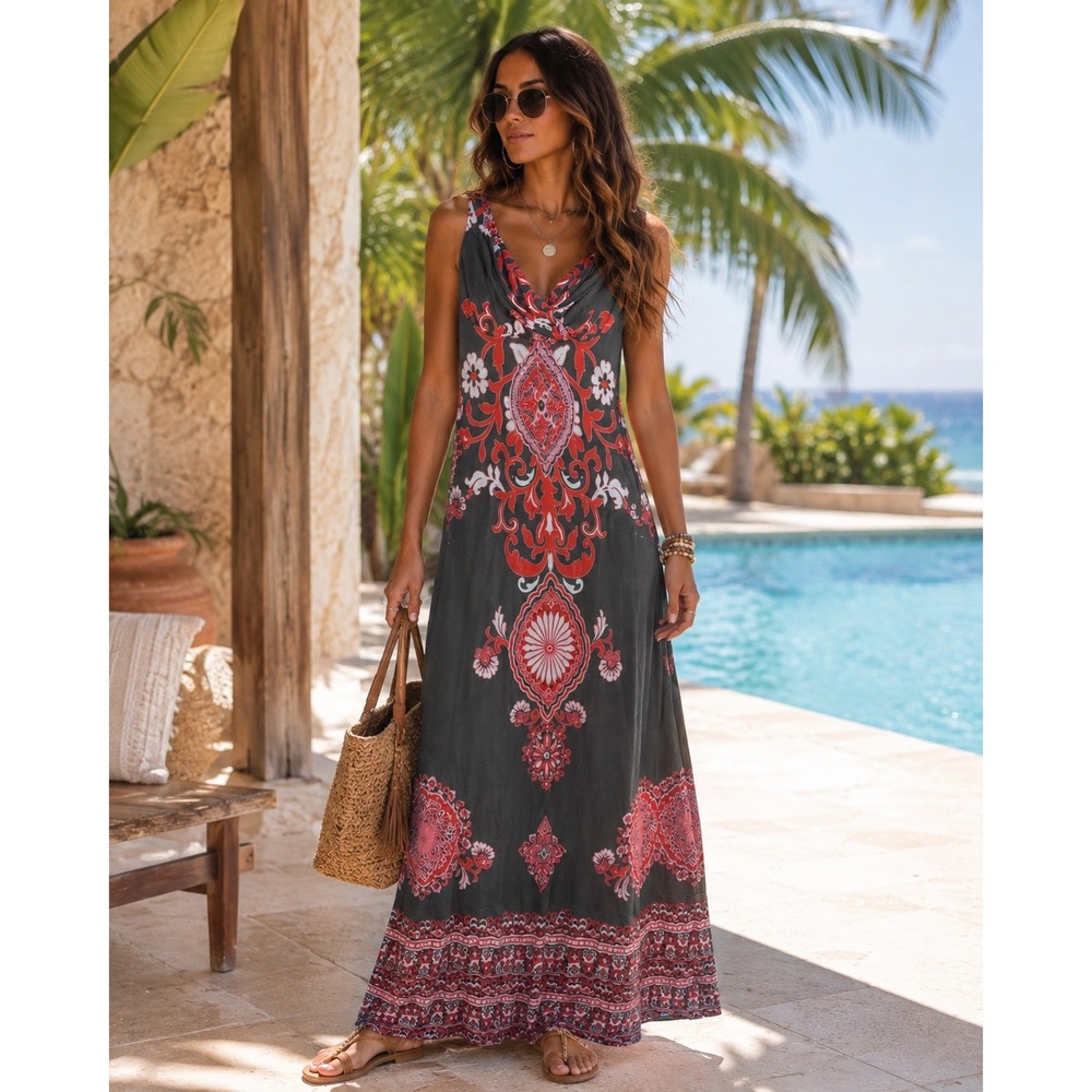 INC International Concepts Womens Gray Red Paisley Maxi Dress Medium Resort Boho